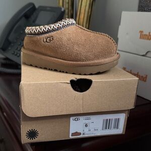 UGG Tan Suede Slip-Ons with Patterned Trim